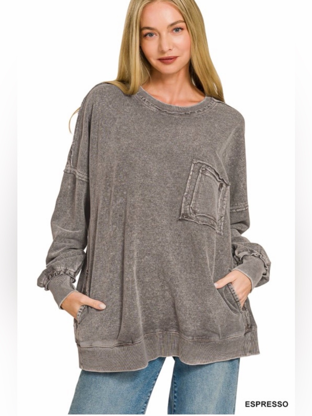 ZENANA Halo Washed French Terry Exposed-seam Sweatshirt - Espresso
